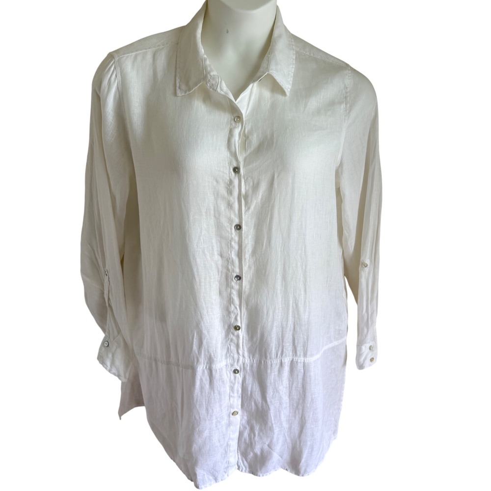 Quiet Luxury Linen Button Down Tunic Shirt White Long Sleeve‎ Oversized Tahari L - Picture 2 of 6